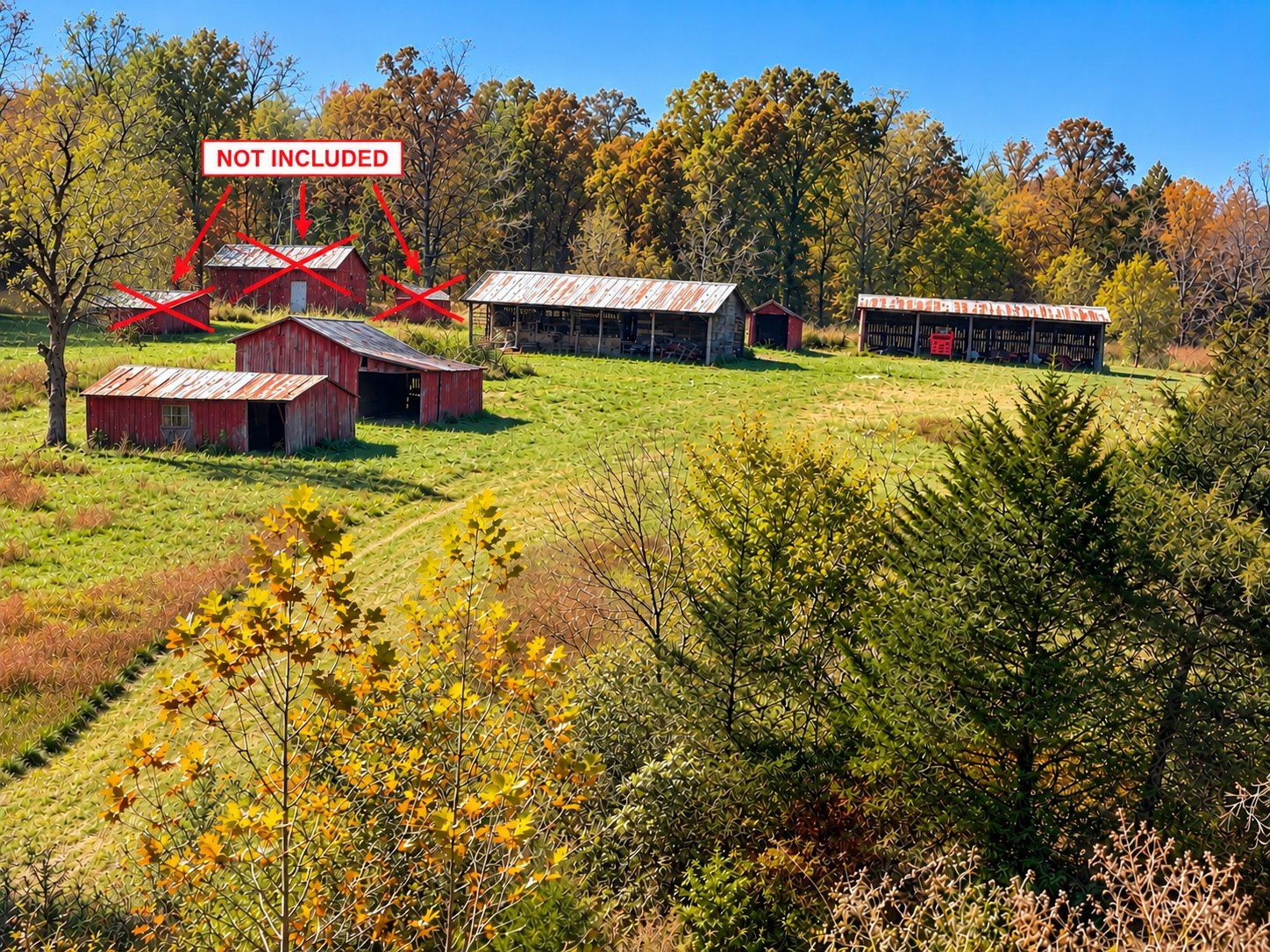 Farm buildings with red marks indicating structures not included in the sale
