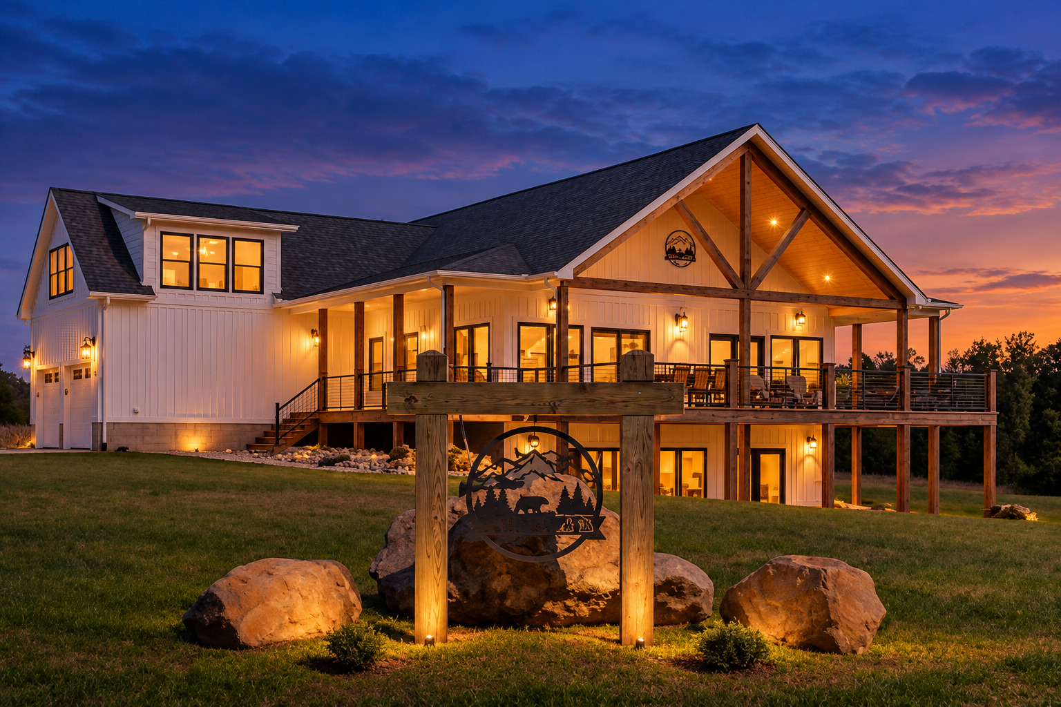 Lillards Ford Farm custom home glowing at twilight